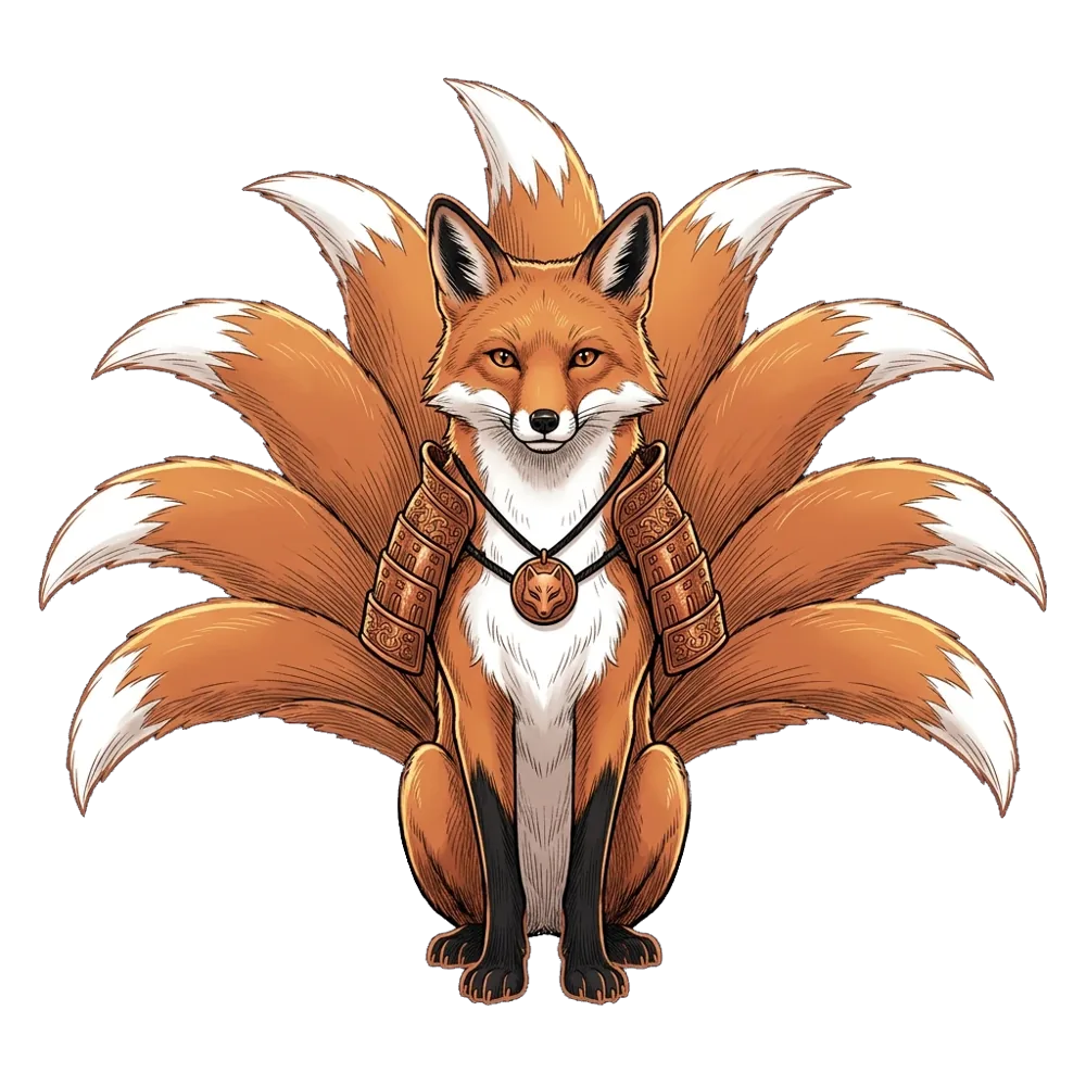 Kajin, FOXIFY's nine-tailed fox, sitting in copper samurai armor with all nine tails fanned behind him